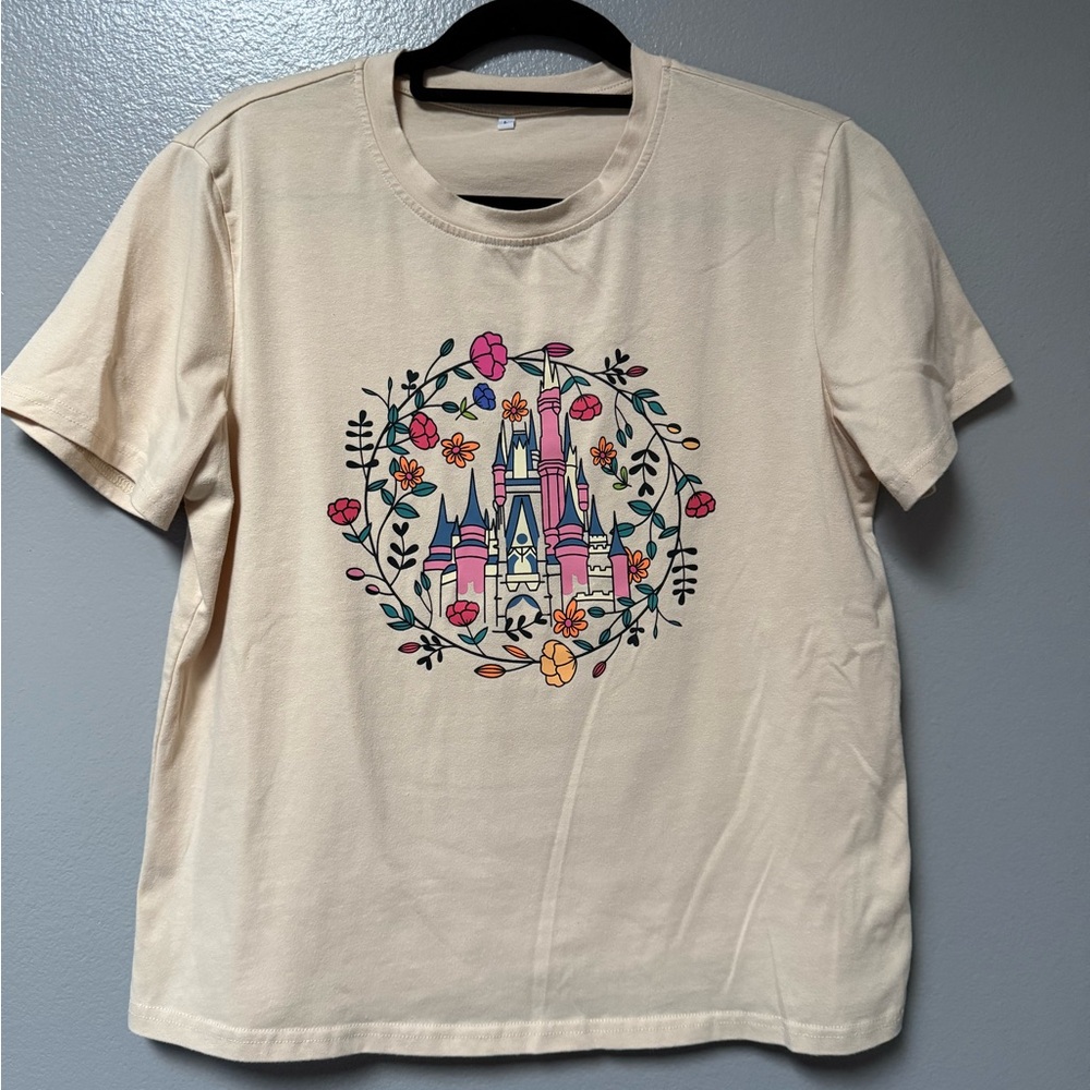 Beige T-Shirt with Colorful Disney Castle Design